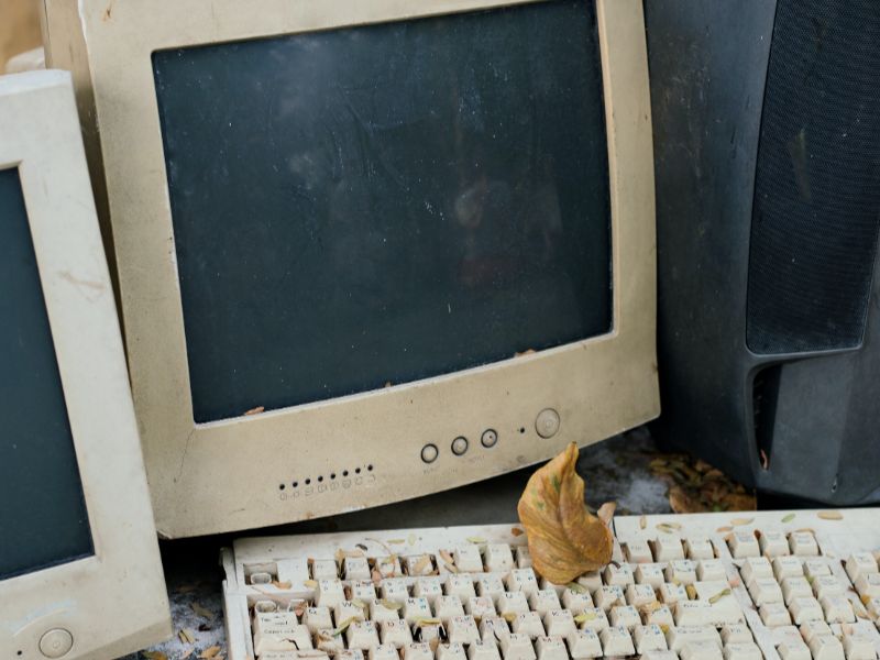 An old computer monitor and keyboard.